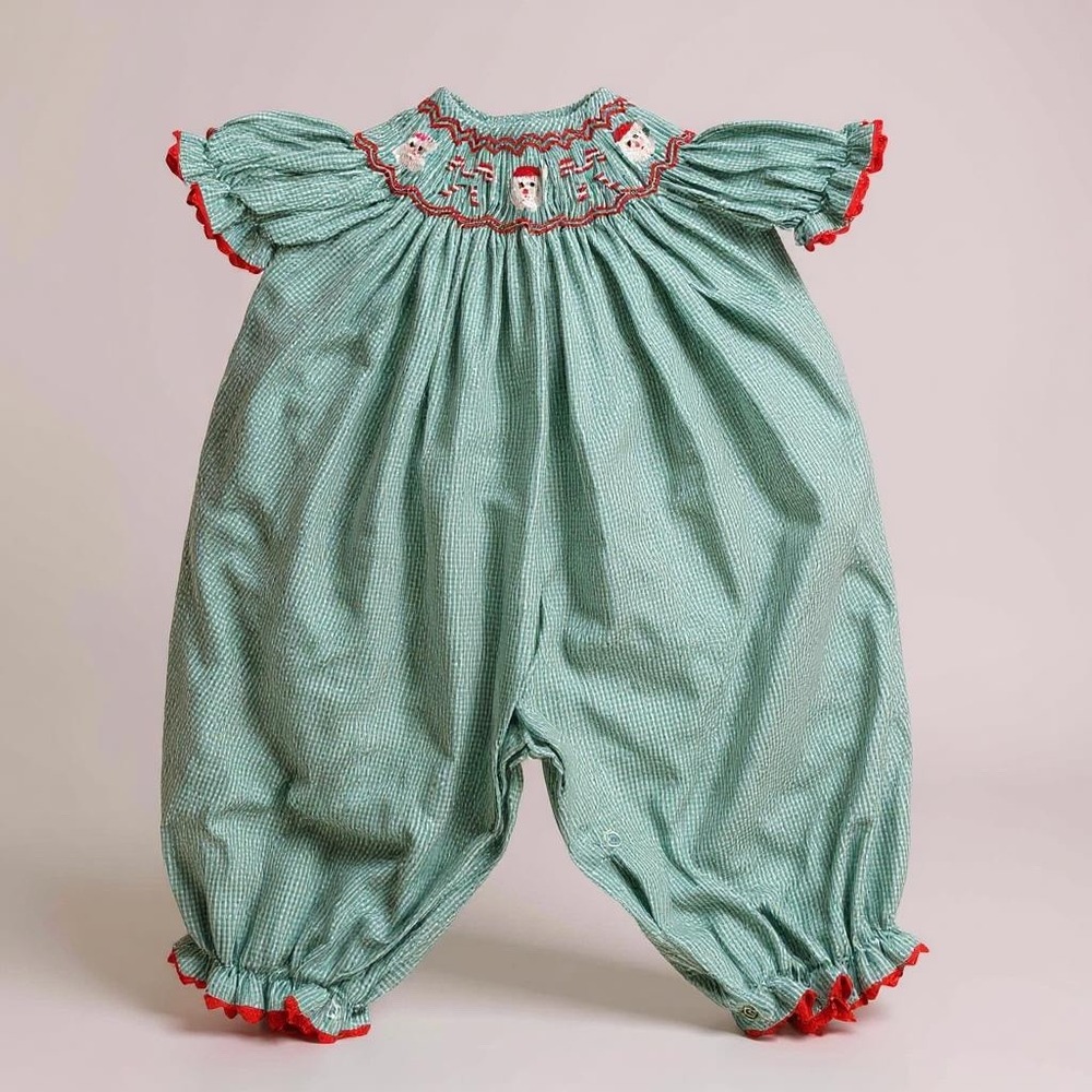 Crooks & Castles Green Gingham Smocked Baby Romper with Red Trim